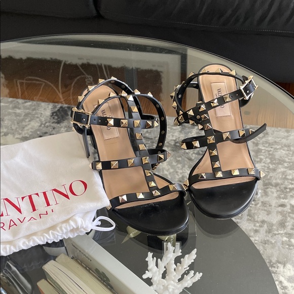 Valentino Garavani Black and Gold Studded Sandals
